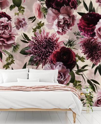 papel pintado floral rosa, rojo y granate