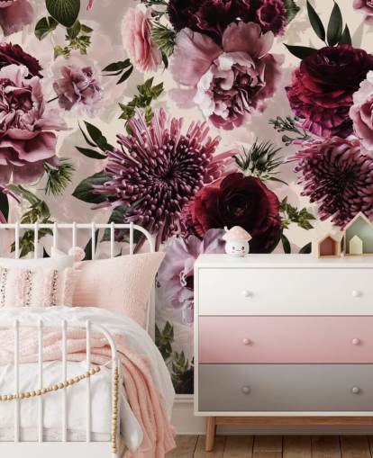 roze, rood en kastanjebruin bloemenbehang roze, rood en kastanjebruin bloemenbehang