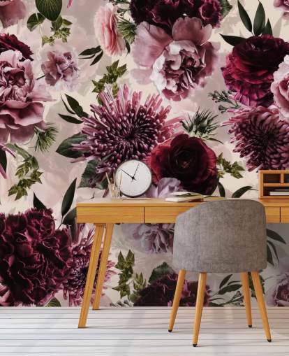 roze, rood en kastanjebruin bloemenbehang roze, rood en kastanjebruin bloemenbehang