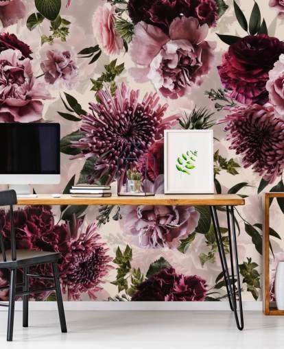 roze, rood en kastanjebruin bloemenbehang roze, rood en kastanjebruin bloemenbehang