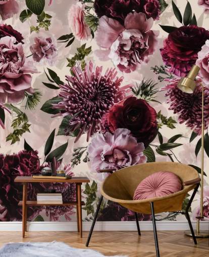 papel pintado floral rosa, rojo y granate