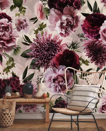 roze, rood en kastanjebruin bloemenbehang