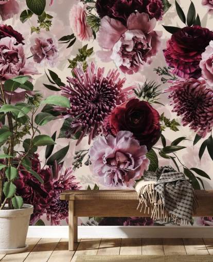 papel pintado floral rosa, rojo y granate