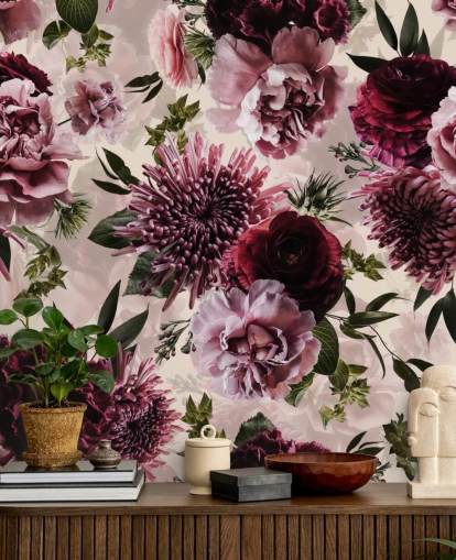 roze, rood en kastanjebruin bloemenbehang roze, rood en kastanjebruin bloemenbehang