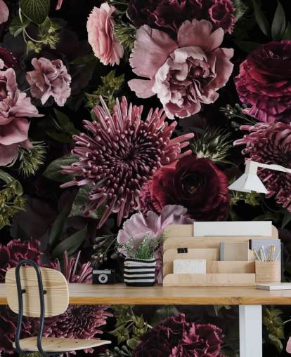 papel pintado floral morado oscuro y lila