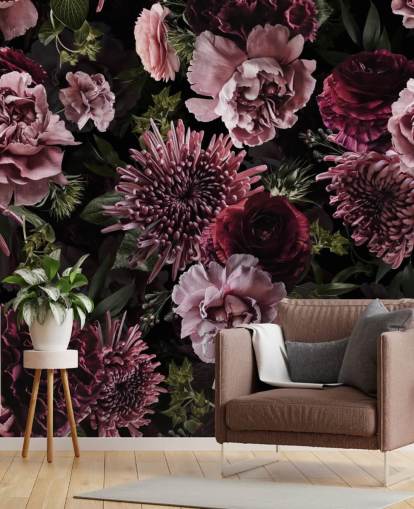 donkerpaars en lila bloemenbehang