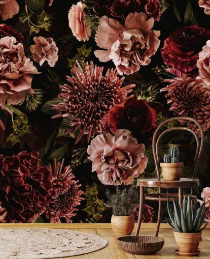 papel de parede floral vermelho escuro e rosa