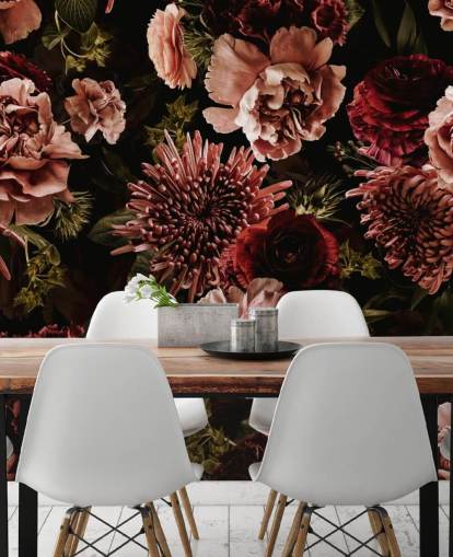 papel de parede floral vermelho escuro e rosa