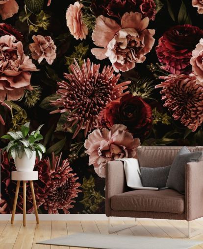 papel de parede floral vermelho escuro e rosa