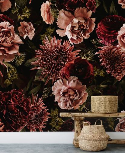 carta da parati floreale rosso scuro e rosa