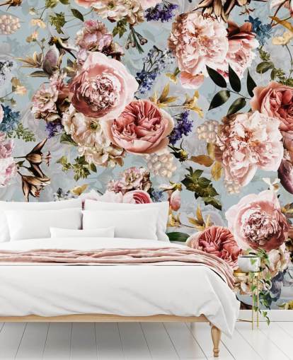 roze rozen op blauwe achtergrond behang