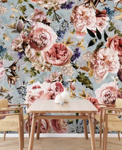 roze rozen op blauwe achtergrond behang