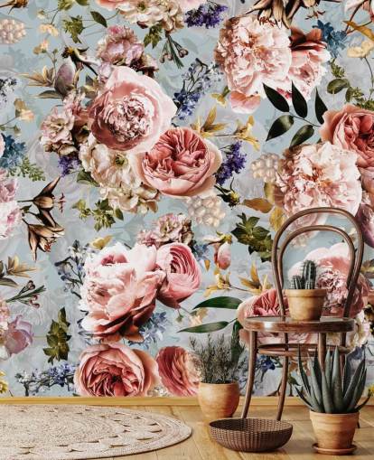 pink roses on blue background wallpaper