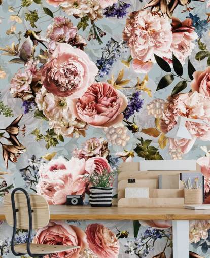 pink roses on blue background wallpaper