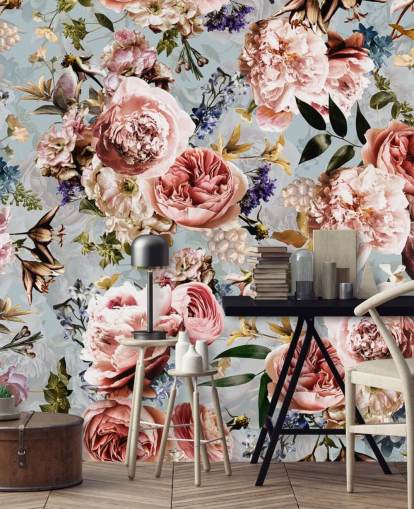 roze rozen op blauwe achtergrond behang