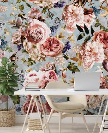 pink roses on blue background wallpaper