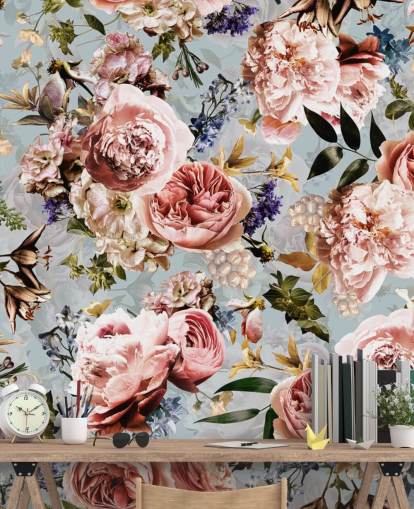 pink roses on blue background wallpaper