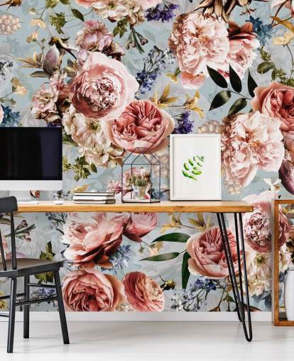 pink roses on blue background wallpaper