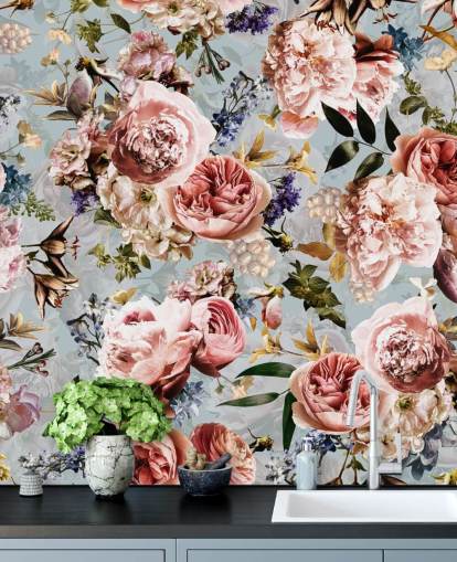 pink roses on blue background wallpaper