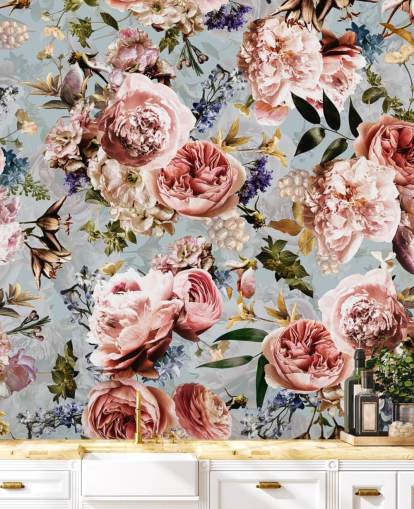 roses roses sur fond bleu papier peint