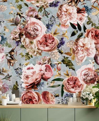 roze rozen op blauwe achtergrond behang