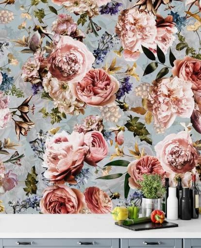 pink roses on blue background wallpaper