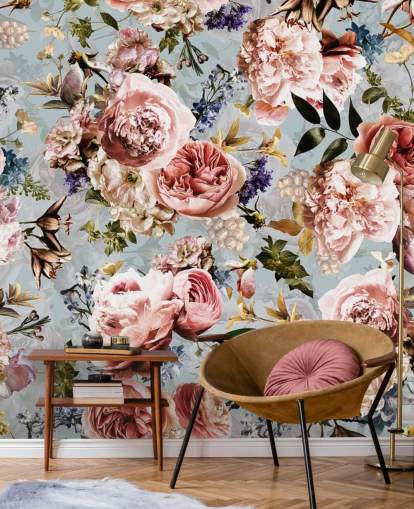 pink roses on blue background wallpaper