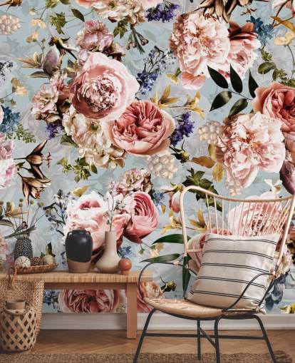 pink roses on blue background wallpaper