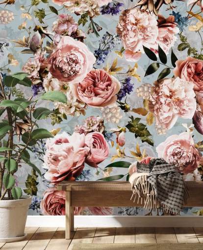 rosas rosadas sobre fondo azul papel tapiz