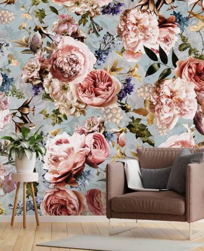 rosa Rosen auf blauem Hintergrund Tapete