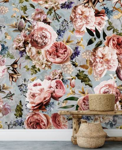 pink roses on blue background wallpaper