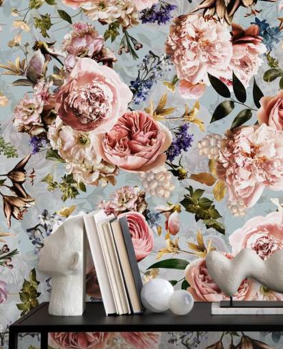 pink roses on blue background wallpaper