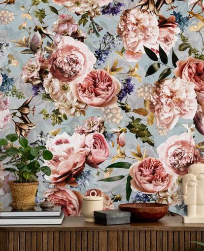 pink roses on blue background wallpaper