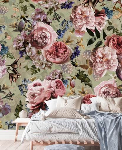 papel de parede flor vintage verde e rosa sálvia