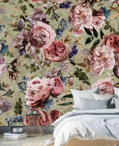 Salbeigrün und Rosa Vintage-Blumentapete Salbeigrün und Rosa Vintage-Blumentapete