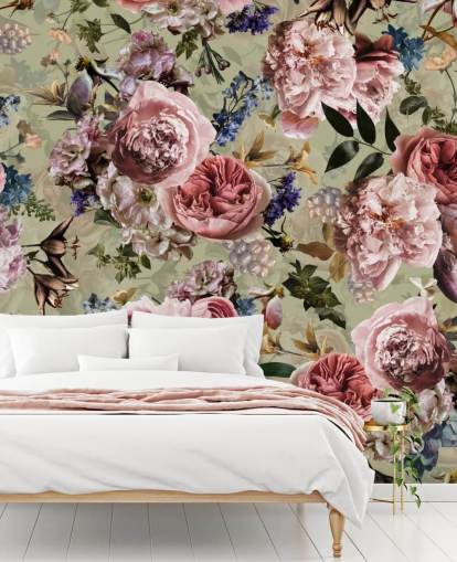 papier peint à fleurs vintage vert sauge et rose