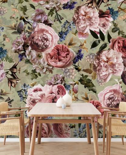 salvie grøn og pink vintage blomst tapet