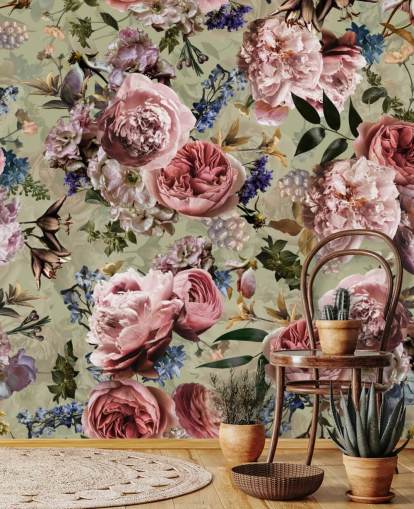 papel pintado de flores vintage verde salvia y rosa