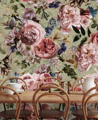 papier peint à fleurs vintage vert sauge et rose