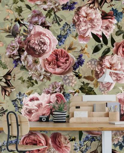 salvie grønn og rosa vintage blomst tapet