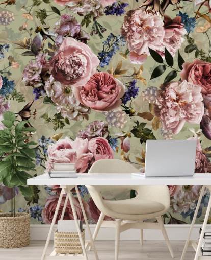 papier peint à fleurs vintage vert sauge et rose