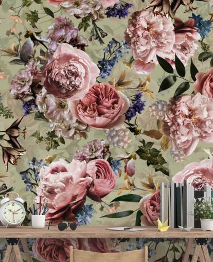 salvie grønn og rosa vintage blomst tapet salvie grønn og rosa vintage blomst tapet