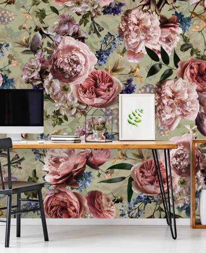 sage green and pink vintage flower wallpaper