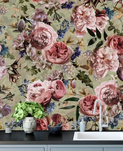 salvie grønn og rosa vintage blomst tapet salvie grønn og rosa vintage blomst tapet