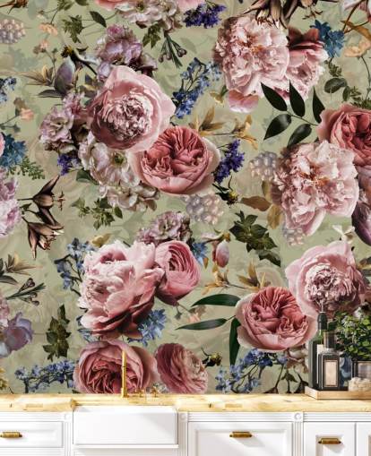 sage green and pink vintage flower wallpaper