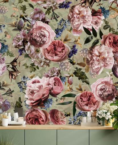sage green and pink vintage flower wallpaper