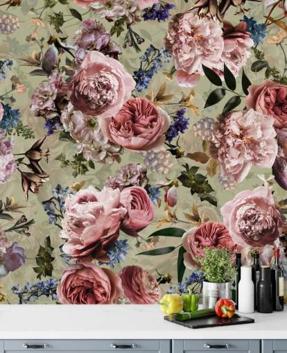 papel de parede flor vintage verde e rosa sálvia