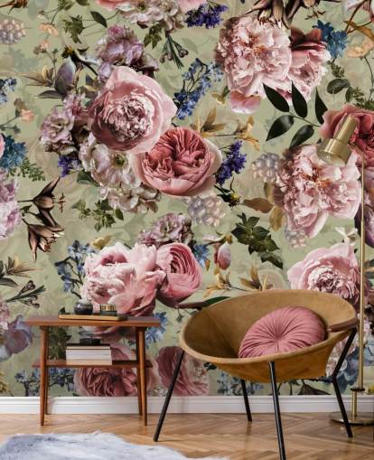 papel de parede flor vintage verde e rosa sálvia