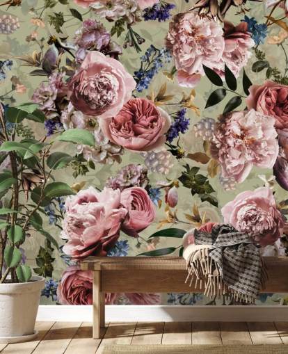 Salbeigrün und Rosa Vintage-Blumentapete