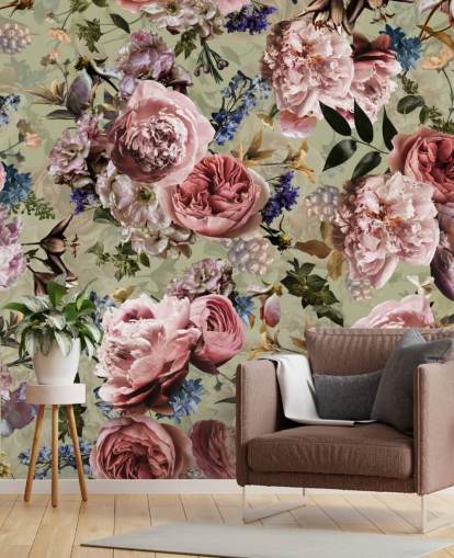 Salbeigrün und Rosa Vintage-Blumentapete